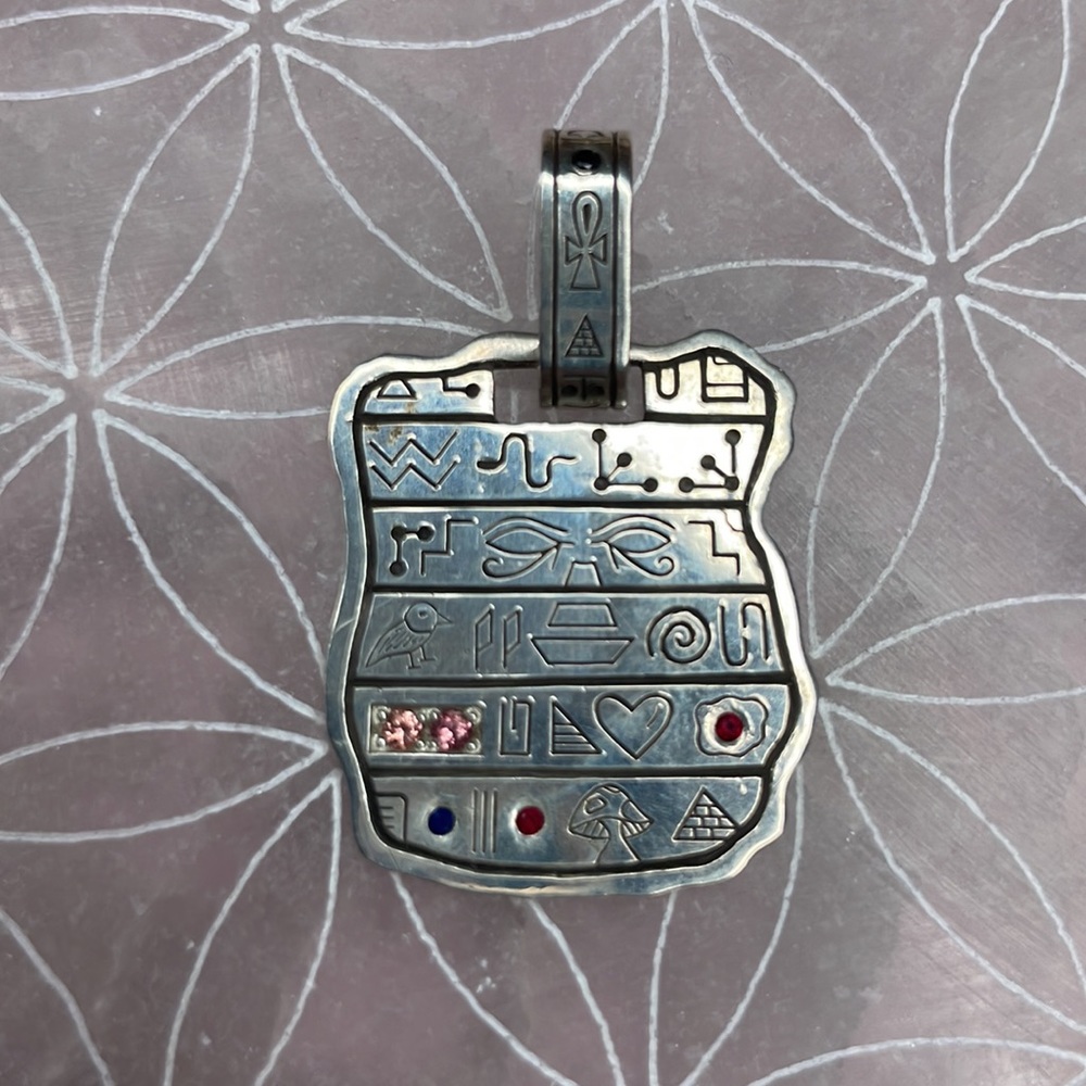 Sterling silver necklace hand engraved Egyptian symbol necklace w rubies & more
